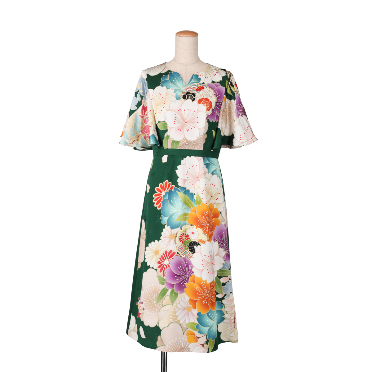 深緑×花柄の振袖ケープスリーブドレス