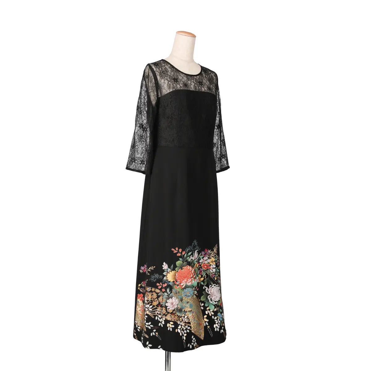 黒留袖レースドレス 扇子柄 - 装結-Souyou-｜40代からの着物リメイク